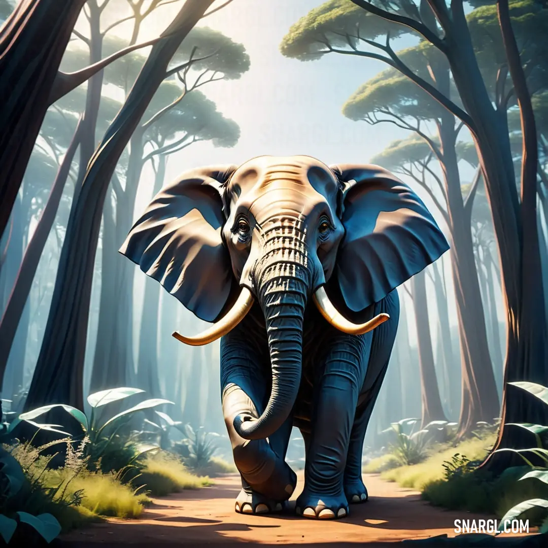 Elephant is walking through a forest with trees and grass on the ground and a path leading to it