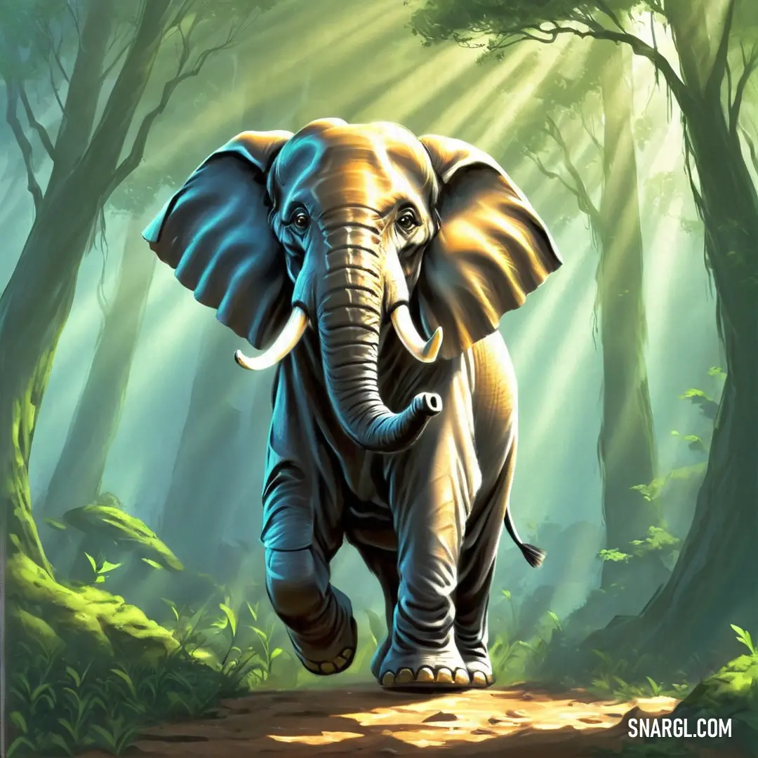 Elephant is walking through a forest with sunlight streaming through the trees and leaves on the ground and on the ground