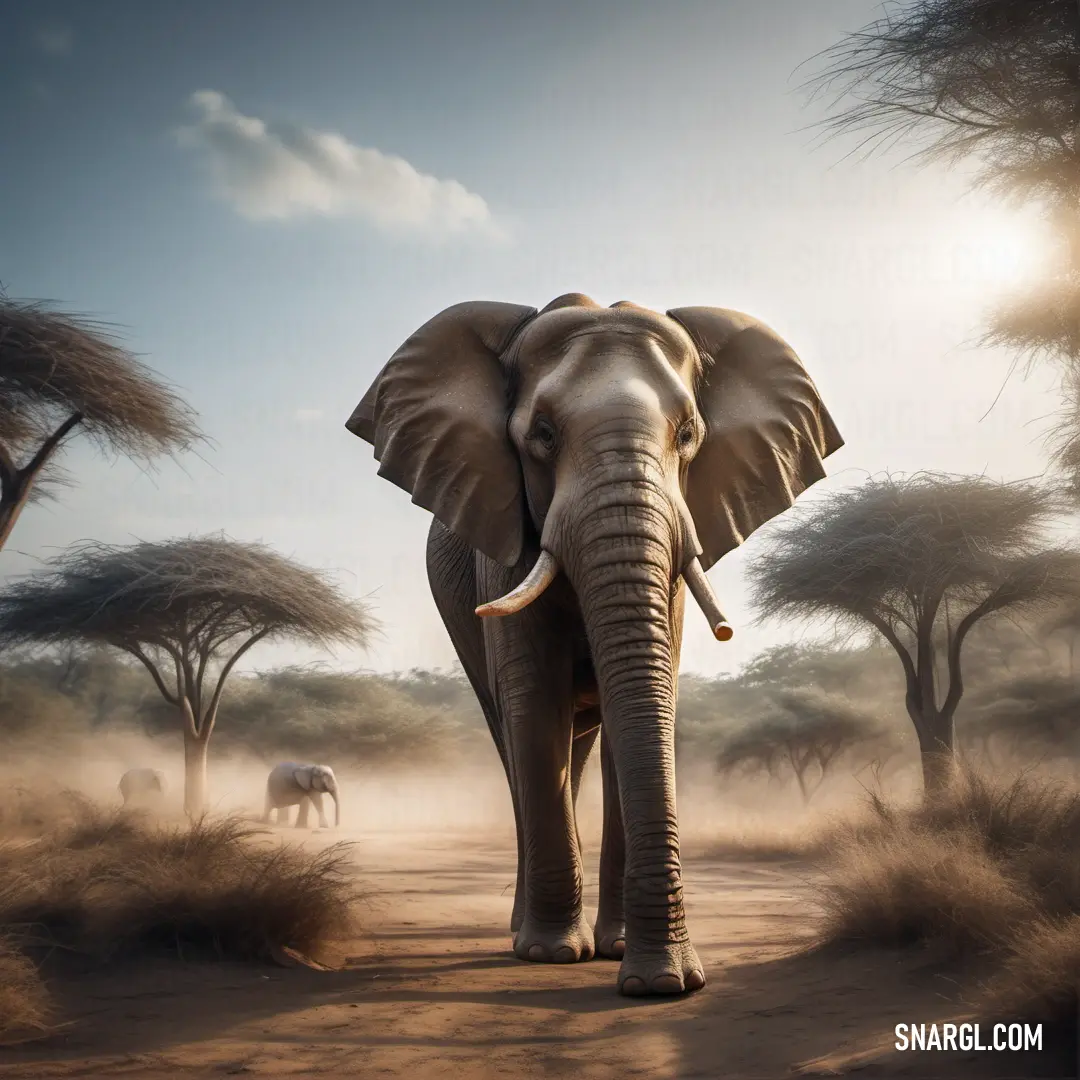 Elephant is walking in the middle of a desert landscape with trees and elephants in the background