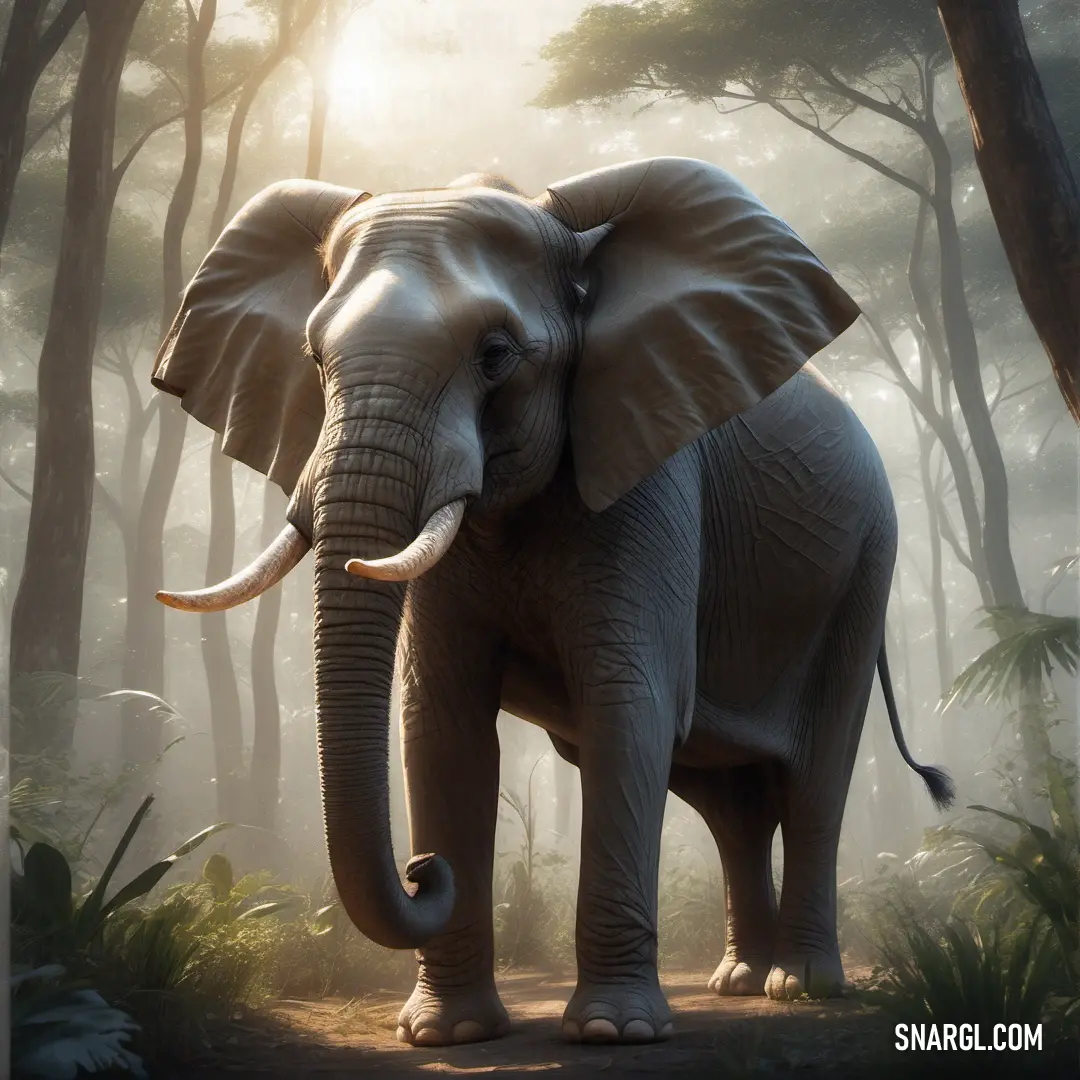 Elephant standing in the middle of a forest with trees and sun shining through the trees behind it