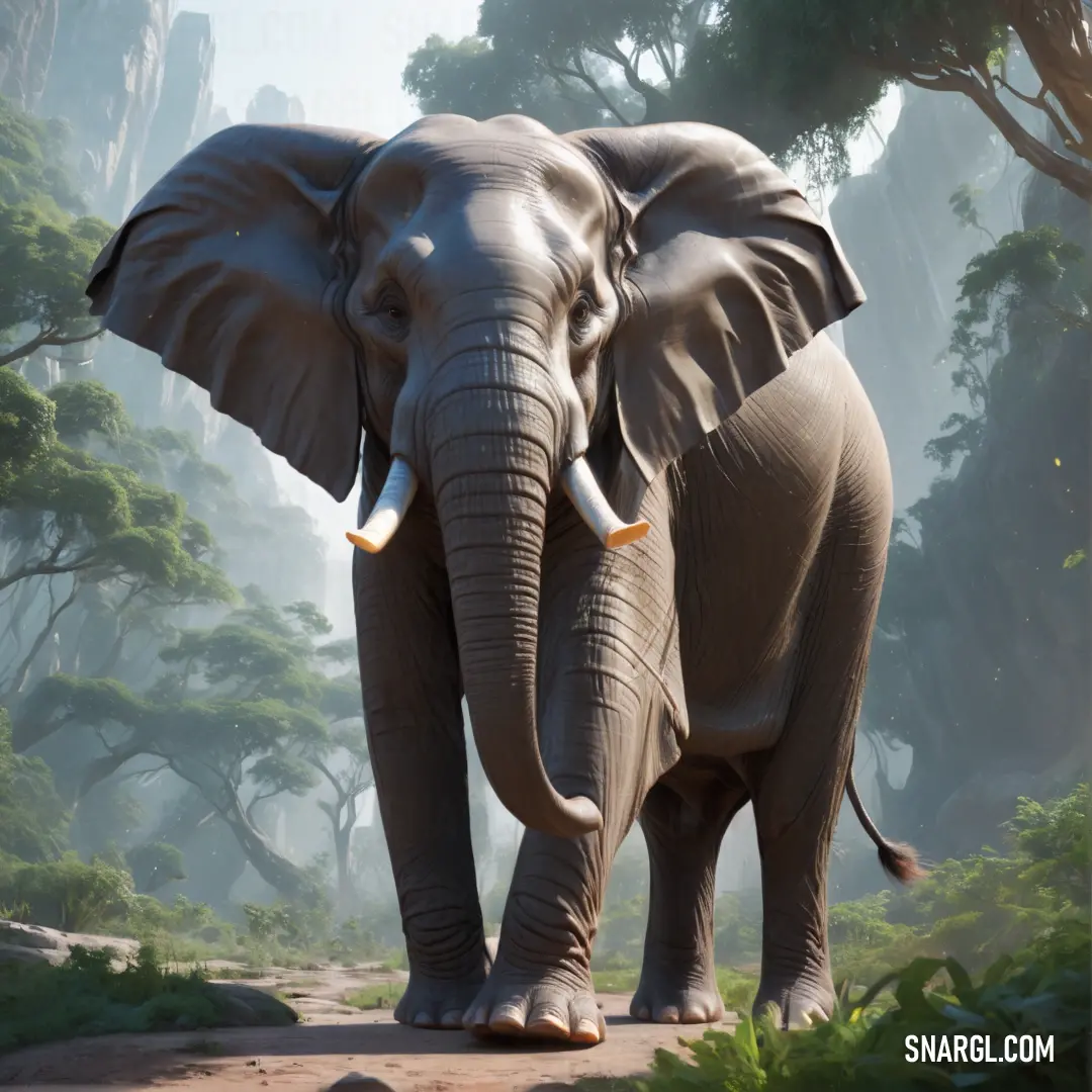 Elephant walking on a path in a forest with trees and rocks in the background