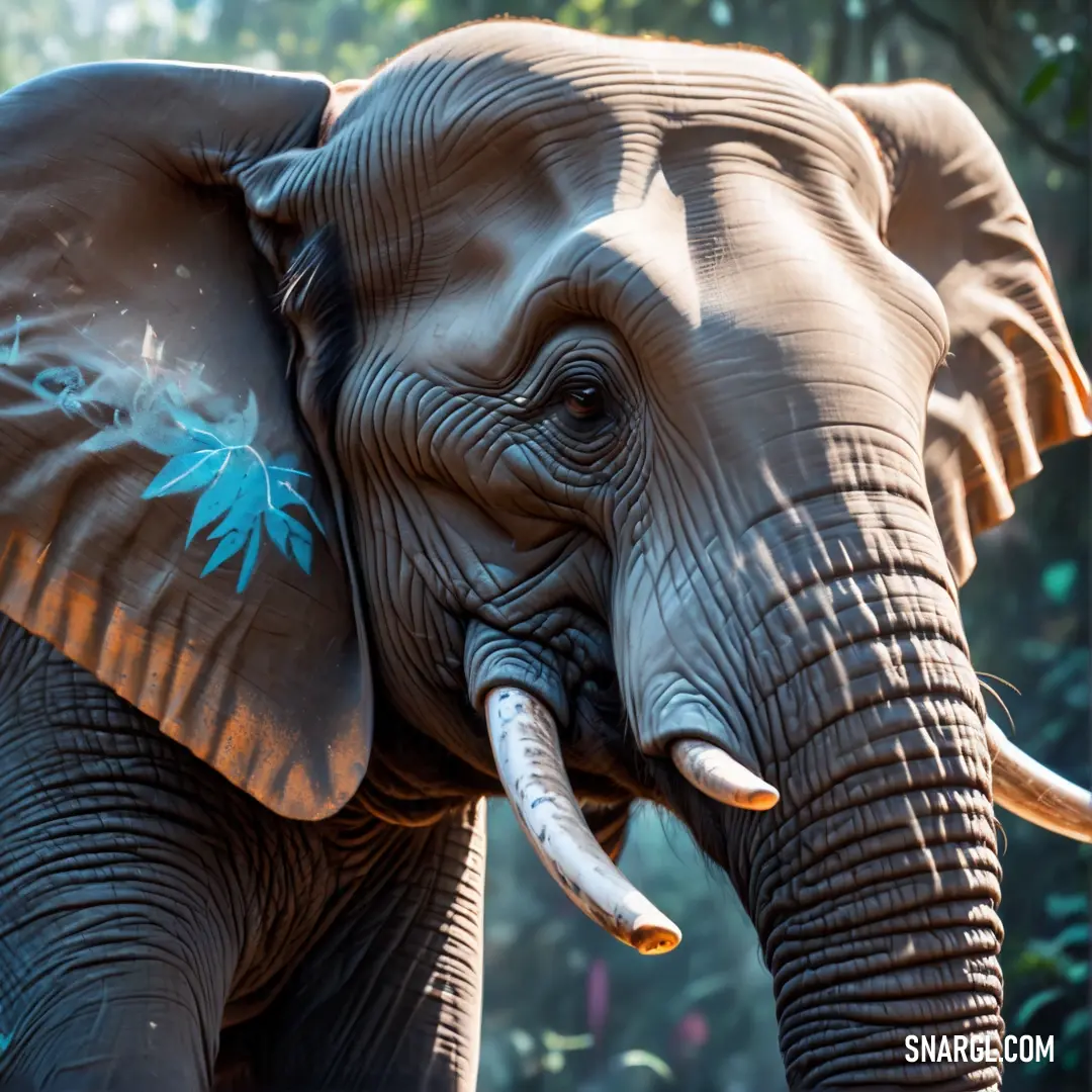 Elephant with a blue flower on its trunk and tusks