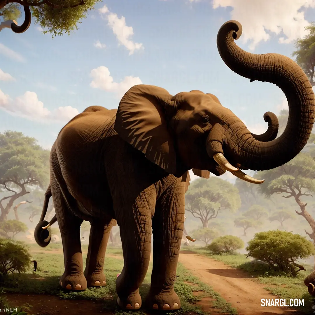 Large elephant standing on a dirt road next to a forest filled with trees and grass