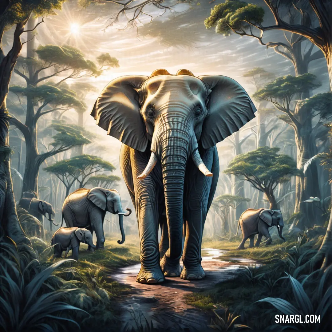 Painting of an elephant with its baby in the jungle with other elephants in the background