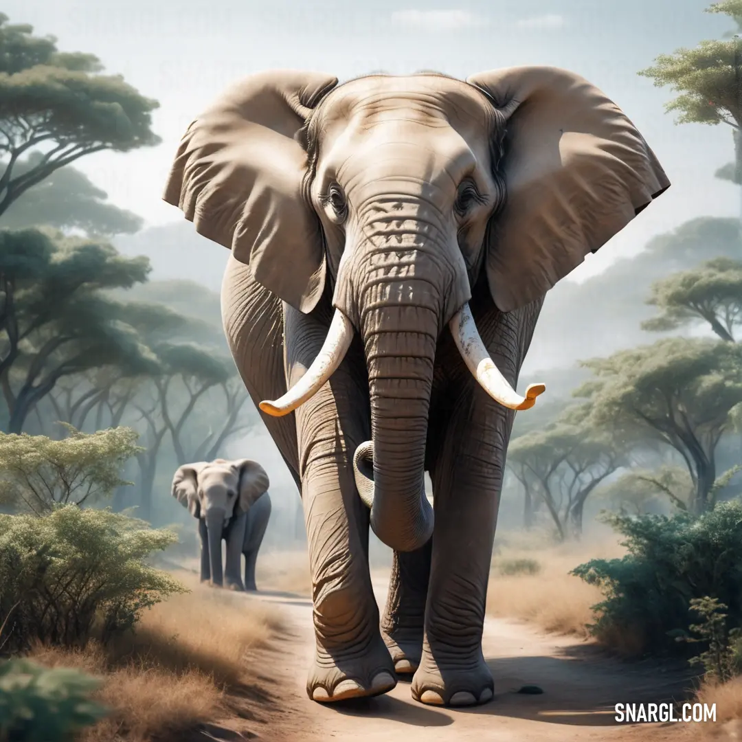 Painting of an elephant walking down a dirt road with trees in the background