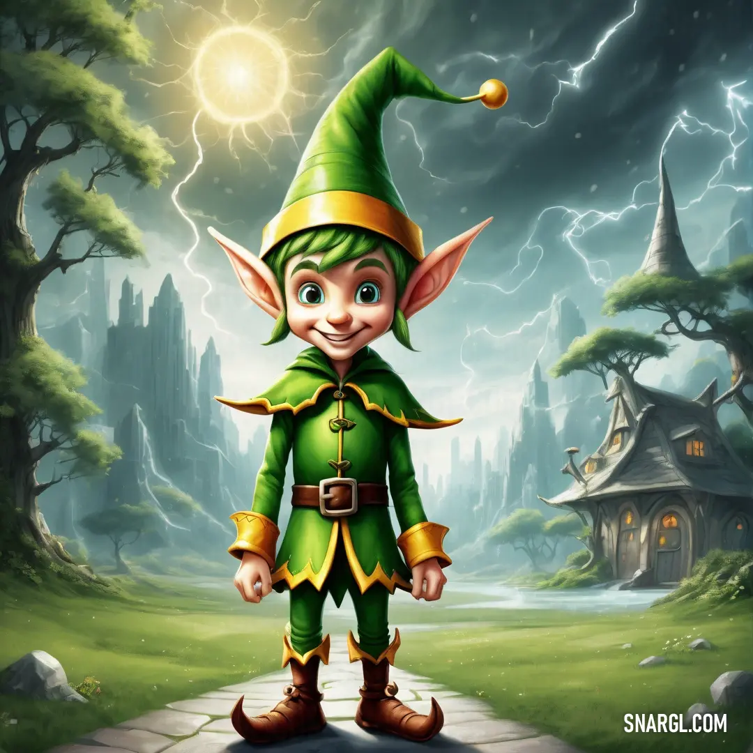 Elf dressed in green and gold standing in a field with a house in the background and lightning in the sky