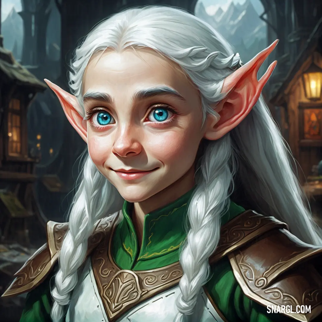 Cartoon of a white haired elf with blue eyes and a green outfit with a house in the background