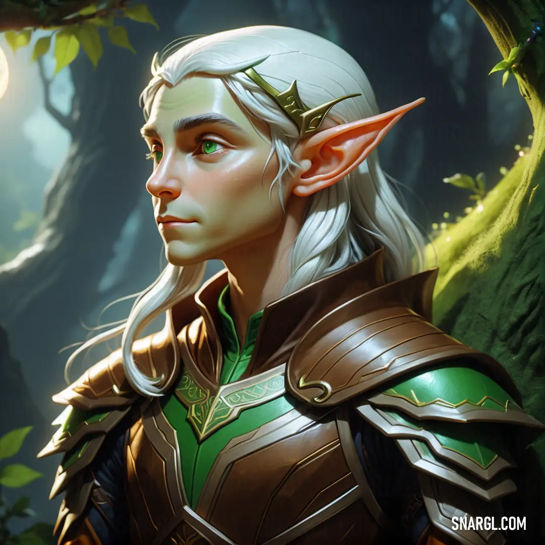 Elf with white hair and green eyes in a forest with a tree branch and a moon in the background