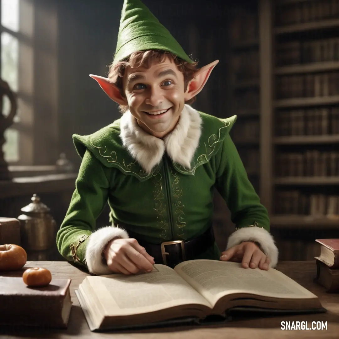 Man dressed as a elf reading a book in a library with a book open on the table