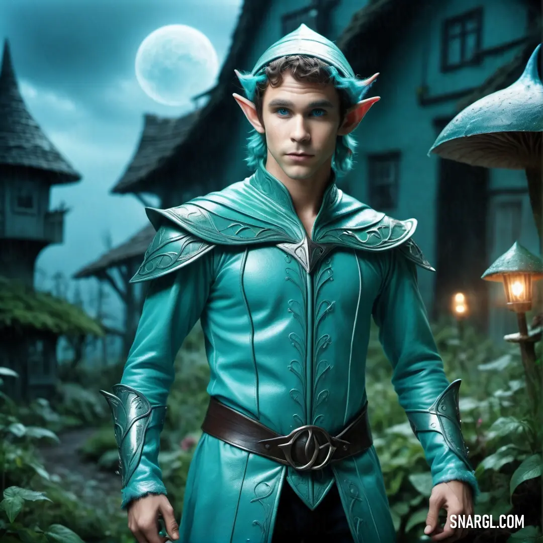Elf dressed in a green costume standing in front of a mushroom house with a full moon in the background