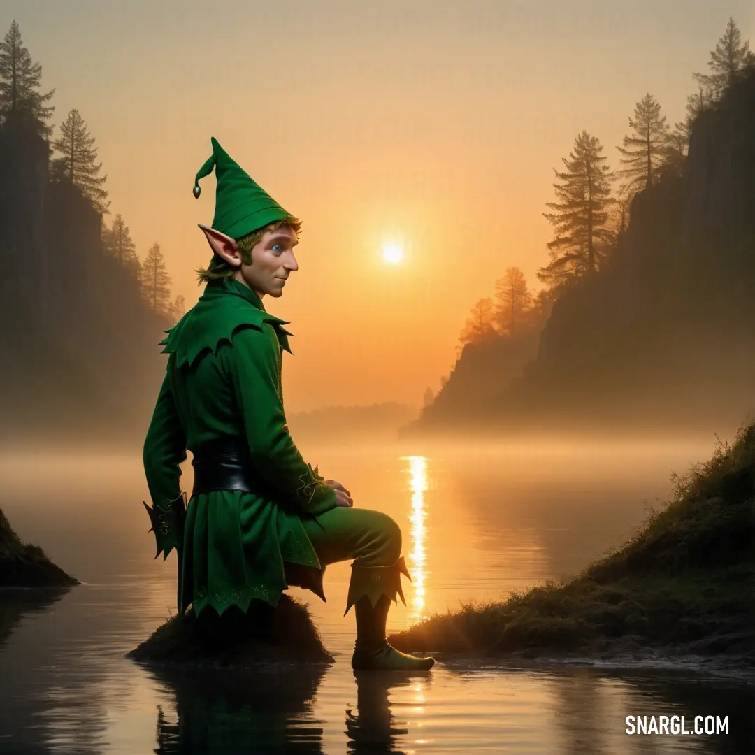 Elf dressed in a green outfit on a rock in the water at sunset with a lake in the background