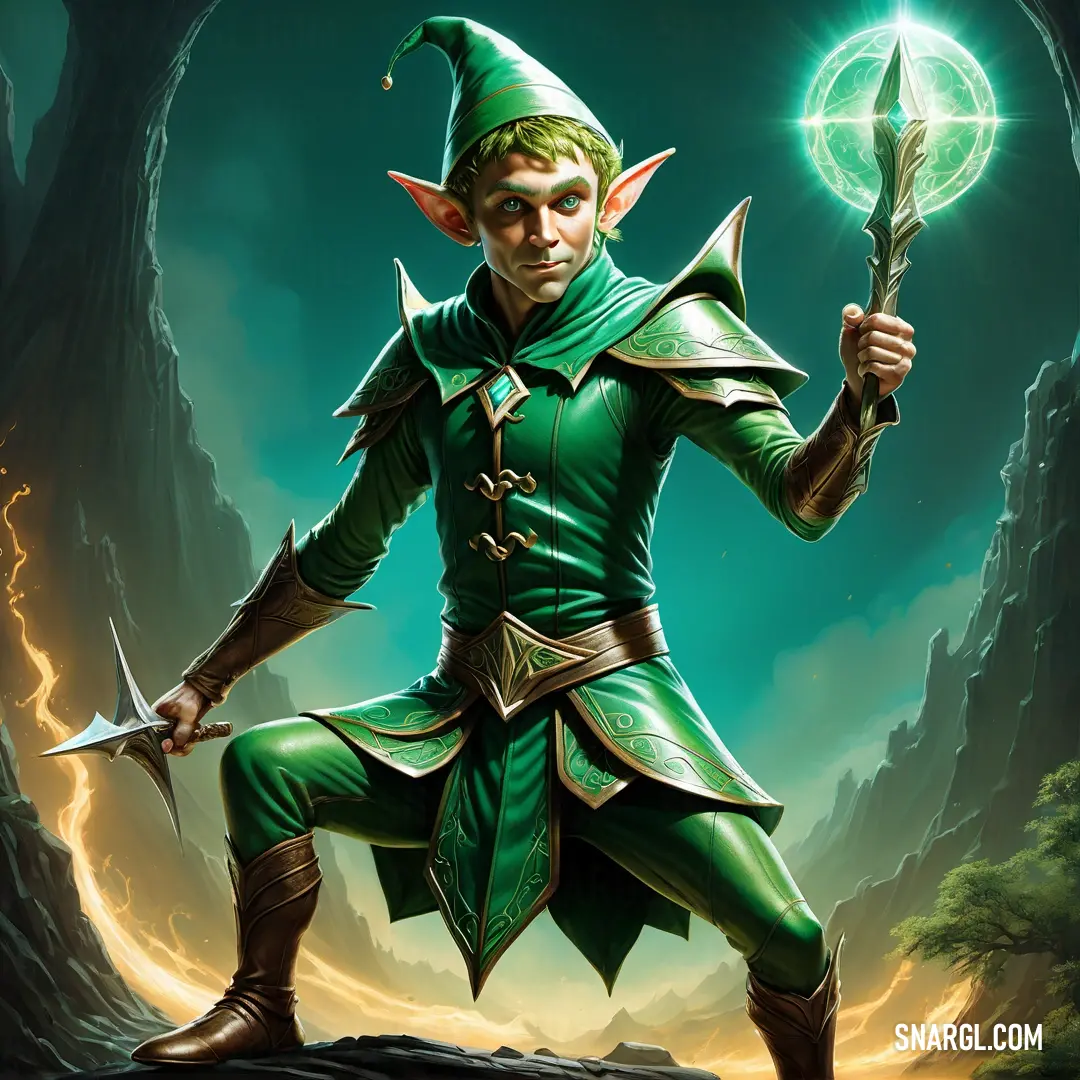 Elf dressed in green holding a green ball and a sword in his hand
