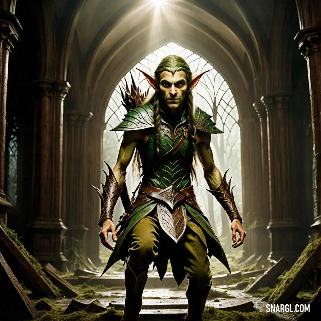Elf dressed in green and gold standing in a doorway with a light shining through the window behind him