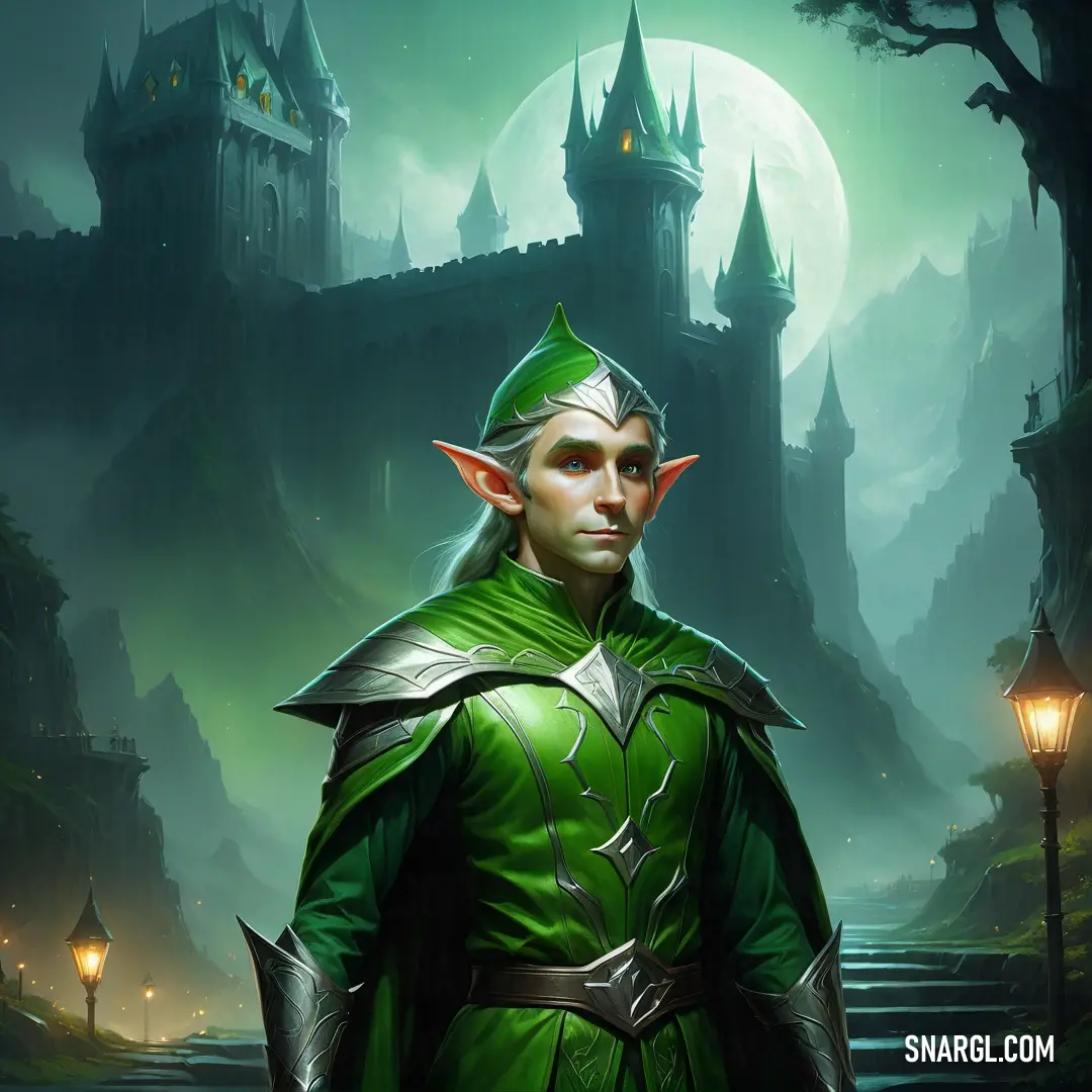 Elf in a green outfit standing in front of a castle with a light on it's head