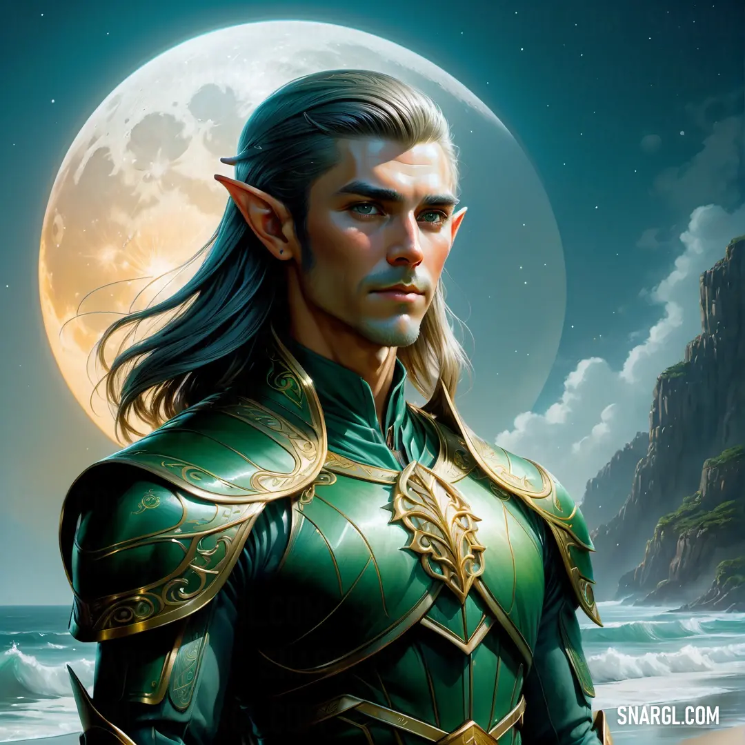 Elf in a green suit standing on a beach next to the ocean with a full moon in the background