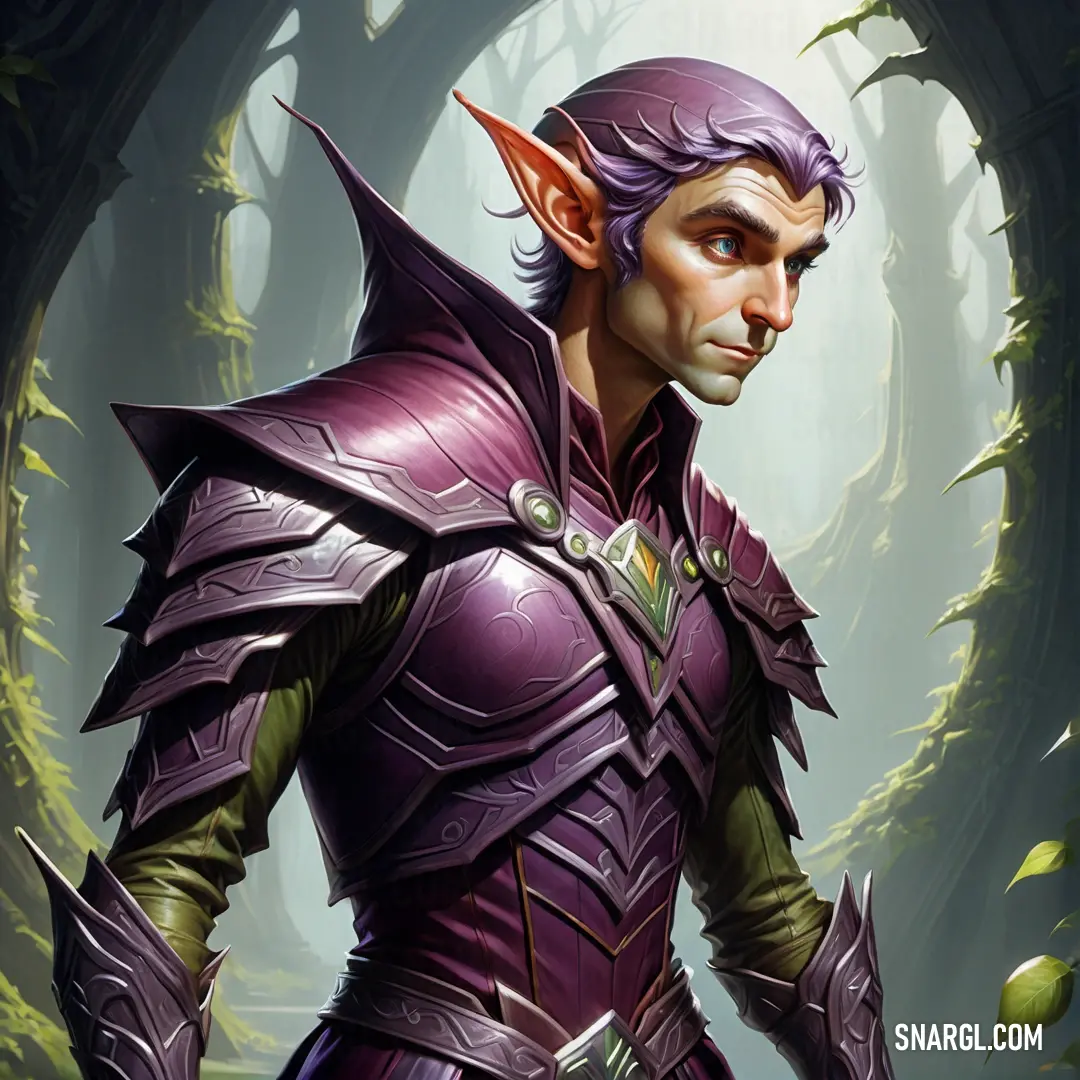 Elf in a purple outfit standing in a forest with trees and plants behind him
