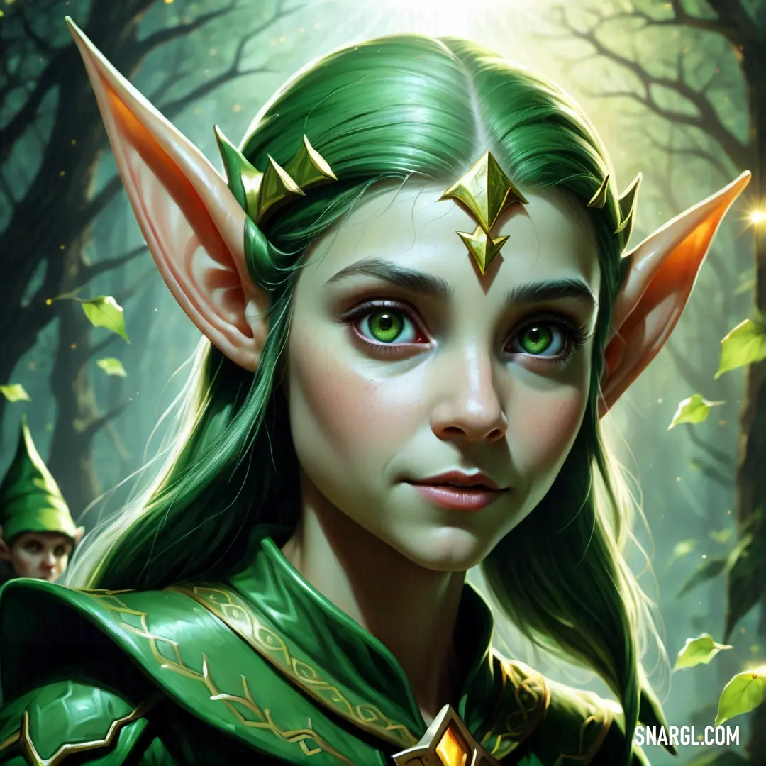 Painting of a elf with green hair and green eyes and ears