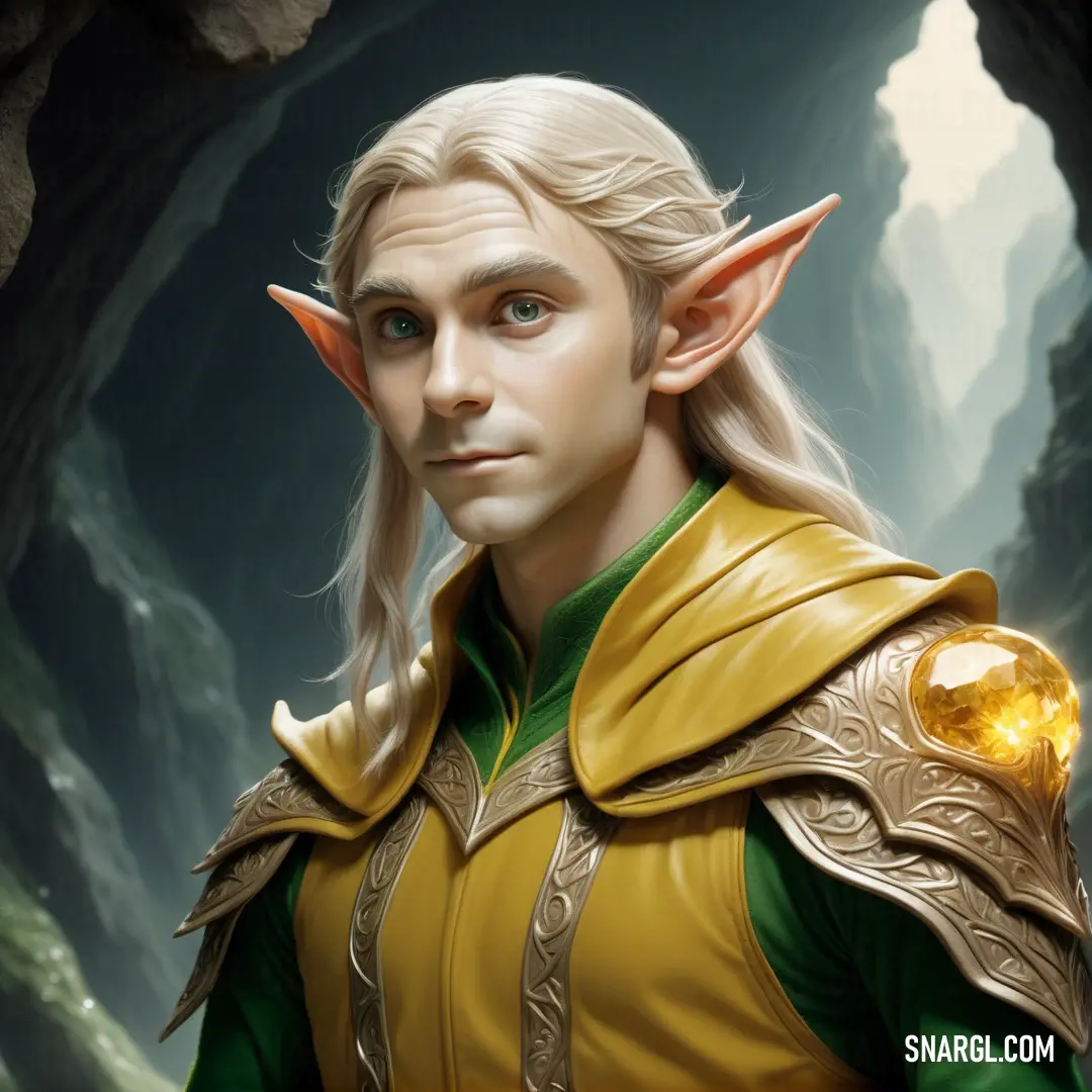 Painting of a male Elf in a green and yellow outfit with a yellow light on his forehead