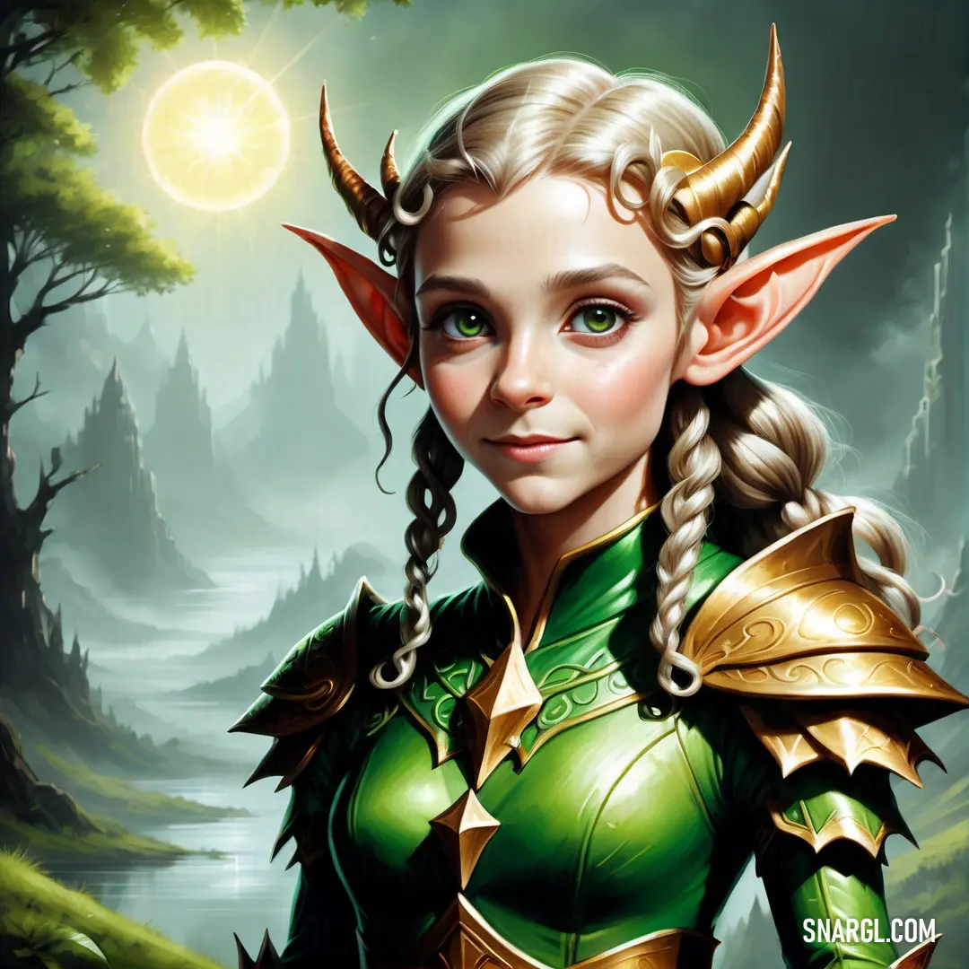 Painting of a female Elf with horns and a green outfit in a forest with a sun in the background