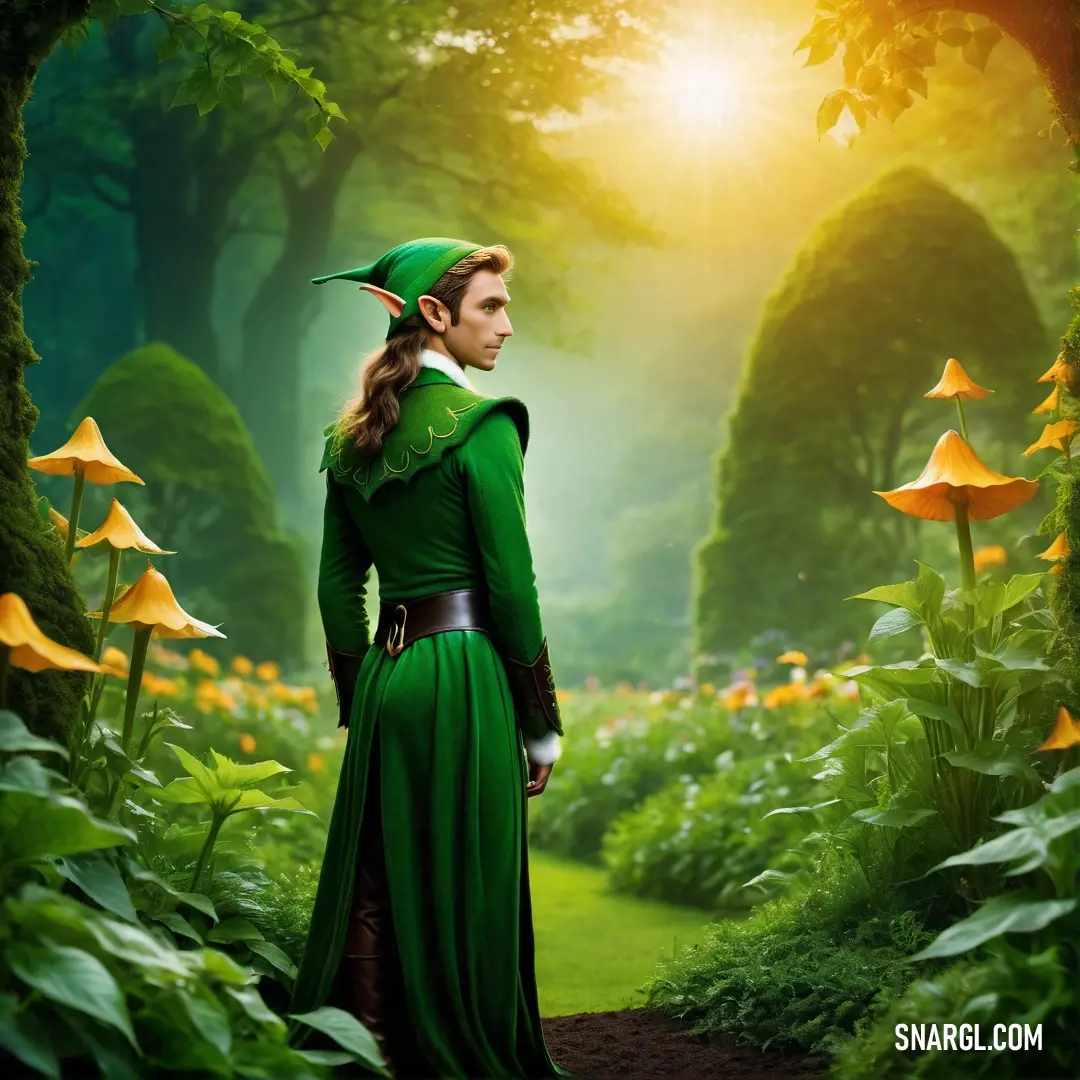 Woman dressed in green standing in a forest with mushrooms and flowers in the background