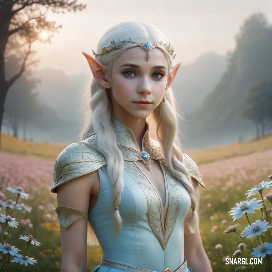 Elf in a blue dress standing in a field of flowers with a elf - like outfit on and a tiara on