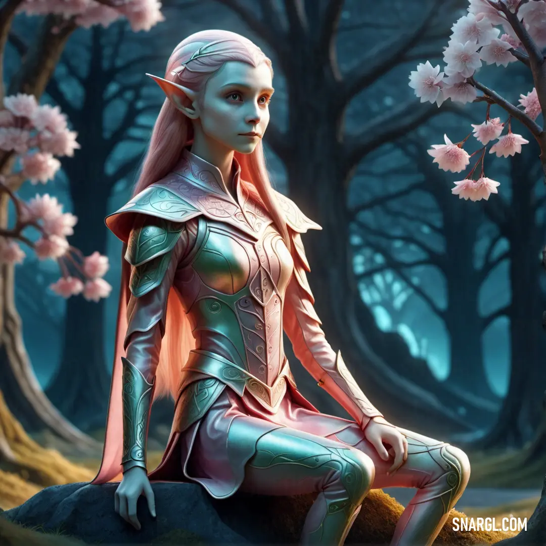 Elf in a costume on a rock in a forest with pink flowers in the background