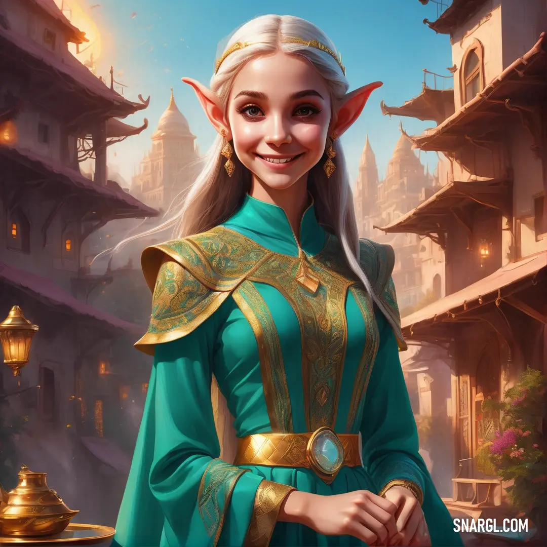 Elf in a green dress standing in front of a castle with a gold helmet on her head and a green dress
