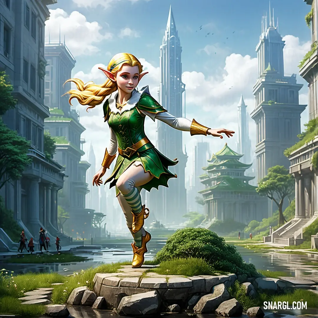 Elf in a green dress is running across a small island in a city with tall buildings and a river