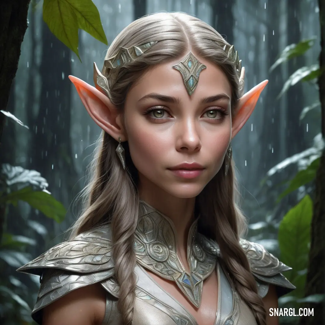 Elf with a elf's head and a crown on her head in the woods with rain falling