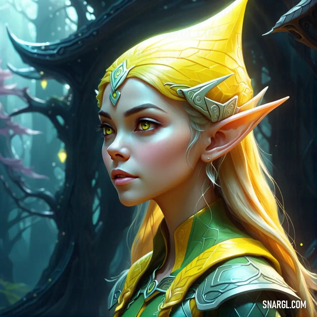 Elf with a yellow hat and green dress in a forest with trees and leaves on it