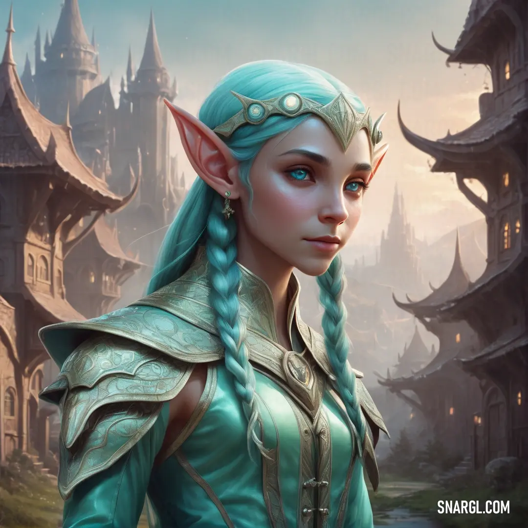 Elf with blue hair and a green dress in front of a castle with a dragon on it's head