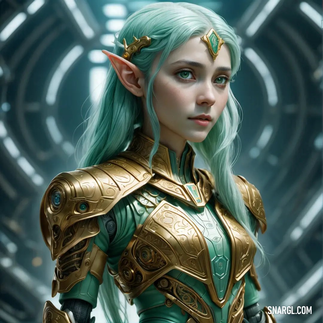 Elf with green hair and a green outfit in a sci - fi