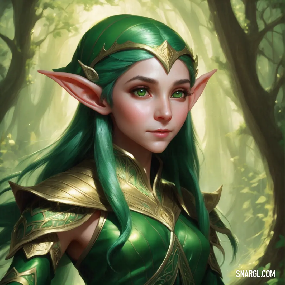 Elf with green hair and a green elf costume in a forest with trees and leaves on her head