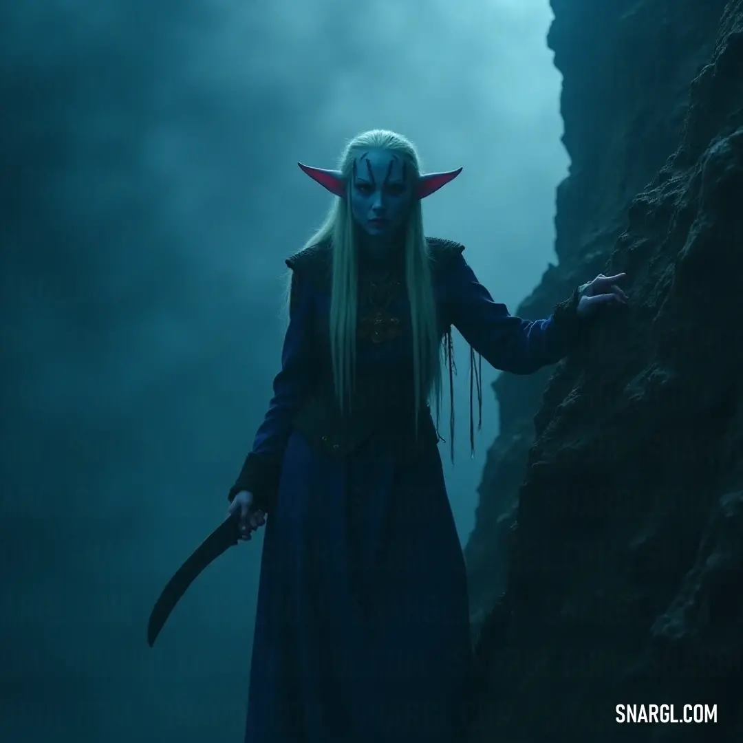 In the shadowy depths of a cave, a figure in an elaborate costume grips a knife with intensity while donning a demon mask, embodying the allure of mystery and the dance between light and darkness in the shadows.