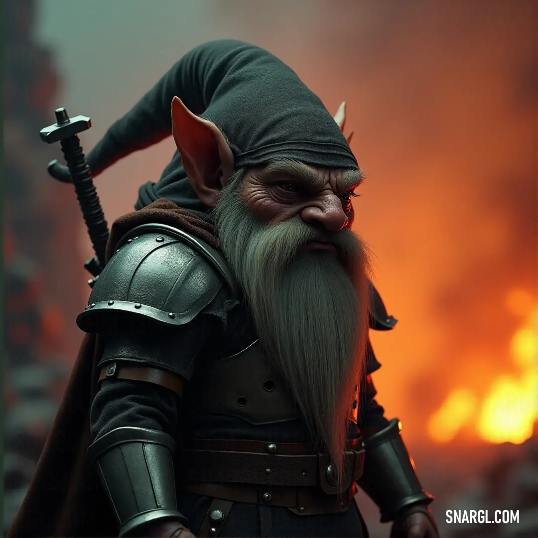 Ellywick Tumblestrom, with his red beard and helmet, stands confidently with his sword, the flames behind him adding intensity to his presence. Ellywick Tumblestrom, with his distinctive red beard and helmet, holds his sword as a fire burns fiercely behind him. His focus is unwavering, as he stands ready to protect against any looming threat.