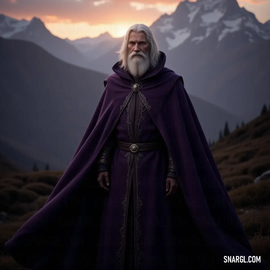 A majestic figure adorned in a purple cape surveys the landscape from a vibrant field, mountains towering in the background, exuding an air of authority and wisdom. An illustrious figure draped in a regal purple cape stands proudly in a verdant field, with majestic mountains rising dramatically in the distance. His long beard flows gracefully, exuding an aura of power and nobility amidst the breathtaking landscape.