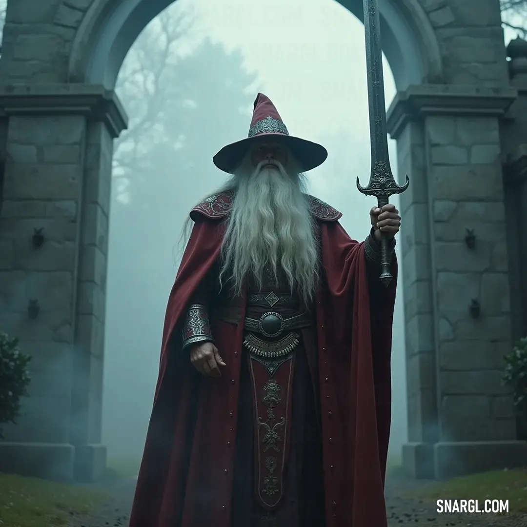 A formidable wizard in a striking red robe stands before an ancient arch, wielding a sword that glimmers with promise of magical battles ahead. A stern wizard with a flowing white beard and a majestic red robe stands decisively in front of an ancient stone arch. His sword glimmers mysteriously, suggesting that he is both a guardian and a formidable foe in this enchanting world.
