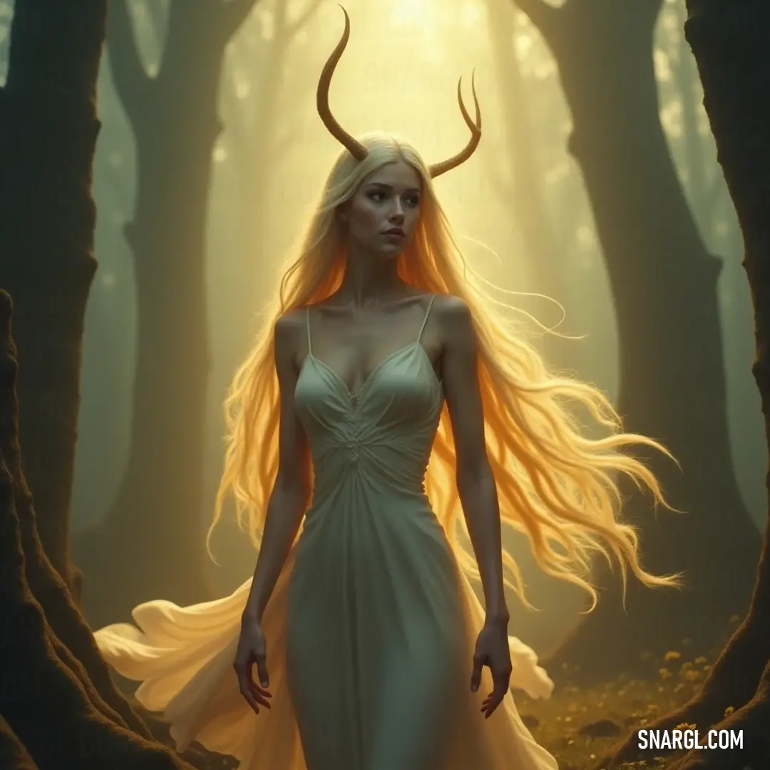 A majestic figure adorned with a flowing white dress and striking horns stands amidst a lush, vibrant forest, capturing the essence of nature's enchantment and ethereal beauty. A spellbinding image of a figure with flowing white dress and majestic horns, standing amidst a vibrant forest, where nature intertwines with fantasy, gathering magic from the sun-dappled greenery.