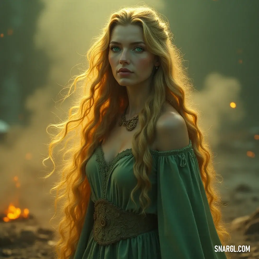 An elegant figure with long red hair and a green dress, accentuated by a gold necklace, stands with poise amidst a lush natural setting. With a brilliant green dress cascading around her, a figure adorned with long red hair exudes elegance, capturing the brilliance of nature while wearing a striking gold chain necklace against the woodland backdrop.