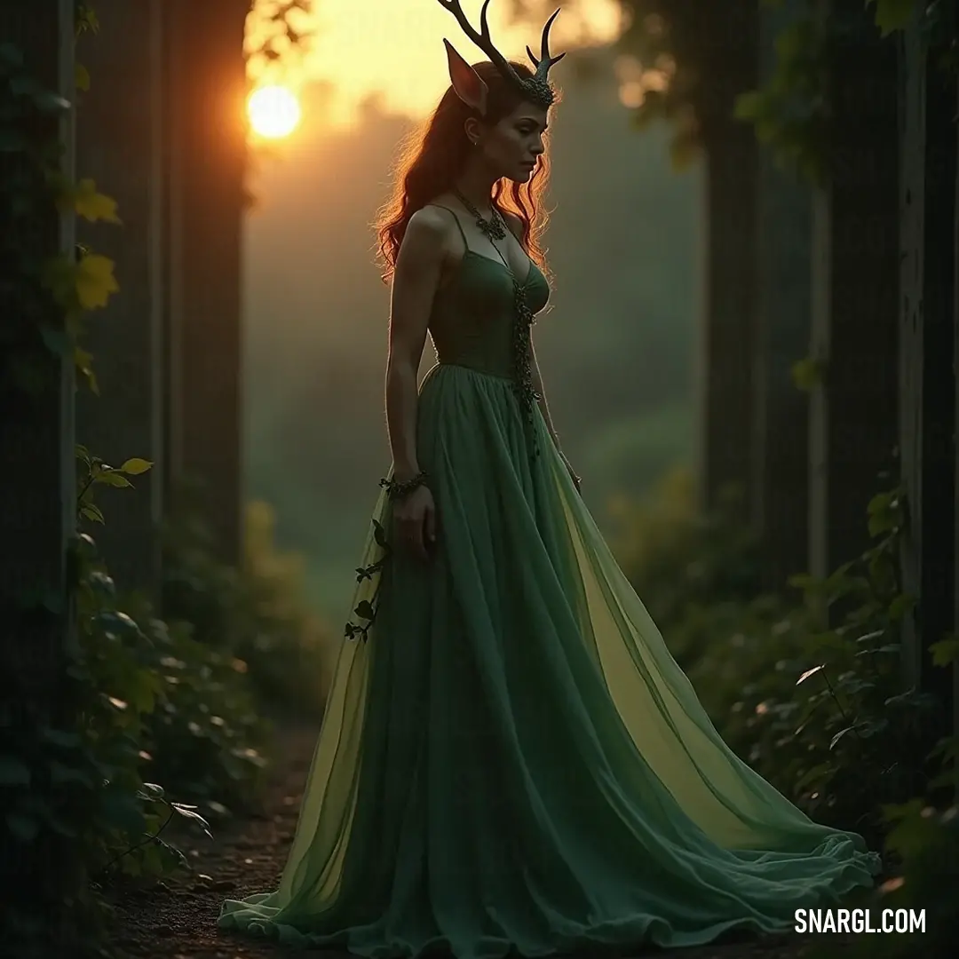 Elowen in a flowing green dress with a deer head, standing in a sunset-lit forest. Elowen, adorned in a flowing green dress, elegantly balances a deer head atop her own, creating a captivating and harmonious blend with the breathtaking forest at sunset, where hues of orange and soft greens intertwine.