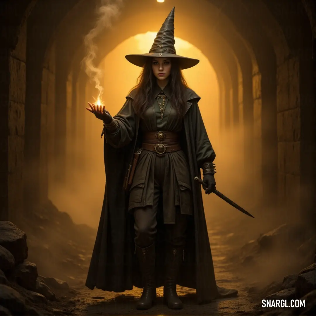Elphaba, with a glowing light bulb in one hand and a wand in the other, casts a spell in the midst of swirling fog, her wizard’s costume adding to the enigmatic scene. Elphaba, dressed in wizard’s attire, stands in a foggy tunnel, holding a wand and a glowing light bulb. The mist swirls around her, creating an air of mystery as she prepares for an unseen magical event.