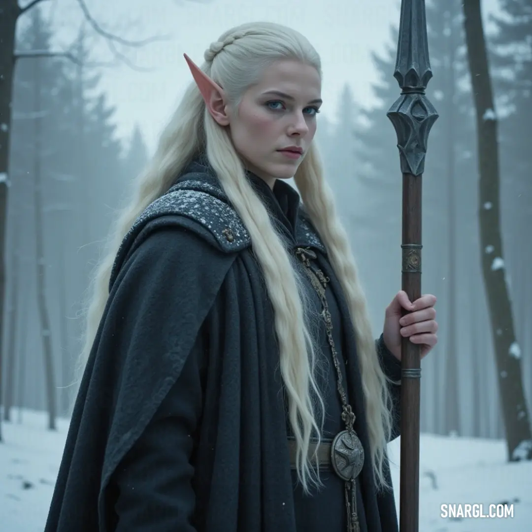 Elrohir, an enchanting elf, stands gracefully in a snowy forest, the crisp air swirling around her as she holds a staff adorned with intricate carvings. Towering trees cloaked in a shimmering blanket of snow provide a serene backdrop to this mesmerizing s