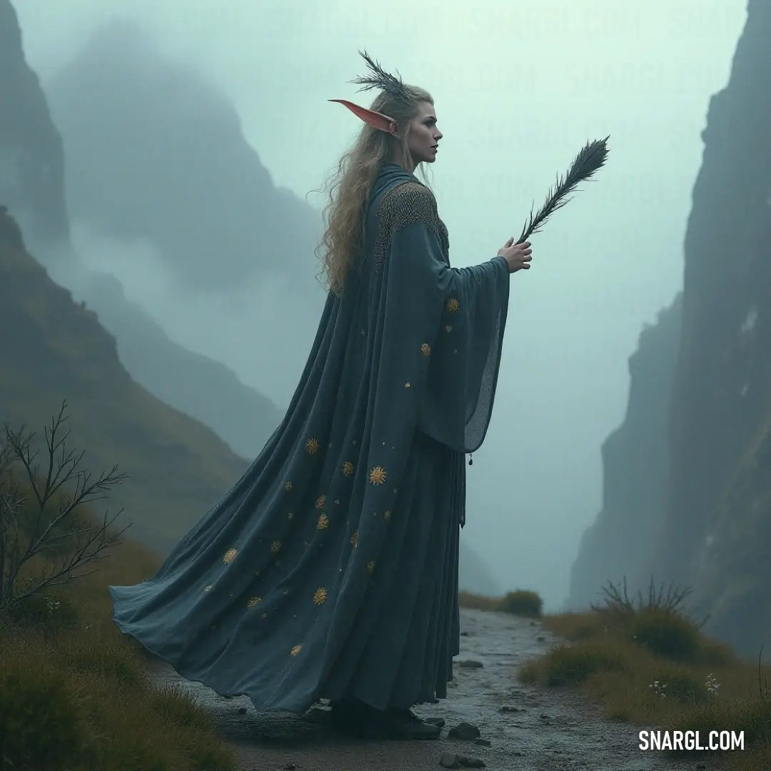 Elrohir appears ethereal in a flowing blue dress, clutching a long stick as she stands in a mystical foggy mountain expanse. Wisps of mist intertwine with towering peaks, creating a dreamlike atmosphere where reality blends with fantasy.