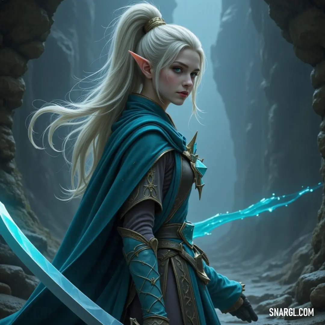 An adventurous character draped in a vibrant blue cape, holding a sword, explores the depths of a cave, illuminated by soft light against the enchanted backdrop. A daring figure in a flowing blue cape holds a gleaming sword, standing confidently in a shadowy cave. A light blue ribbon delicately adorns their neck, adding a touch of elegance to this adventurous scene filled with mystery.