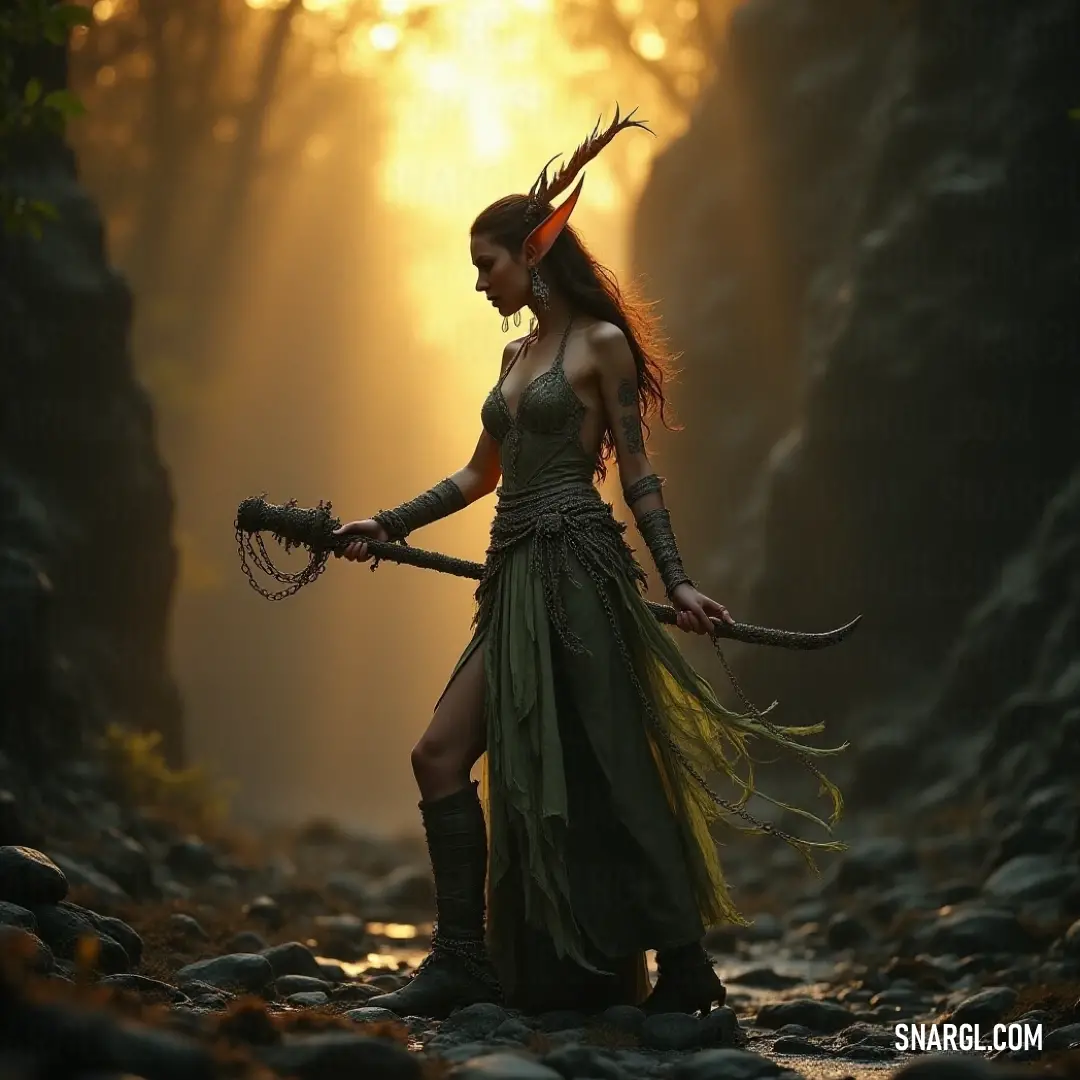 A brave adventurer clad in a bright green dress, wielding a sword, delves into the enchanting wilderness of a forest filled with rocky terrain and vibrant foliage. A bold figure dressed in a vibrant green dress wields a sword as they navigate through a forest adorned with rugged rocks. The scene captures the essence of adventure, surrounded by nature's beauty and the thrill of exploration.