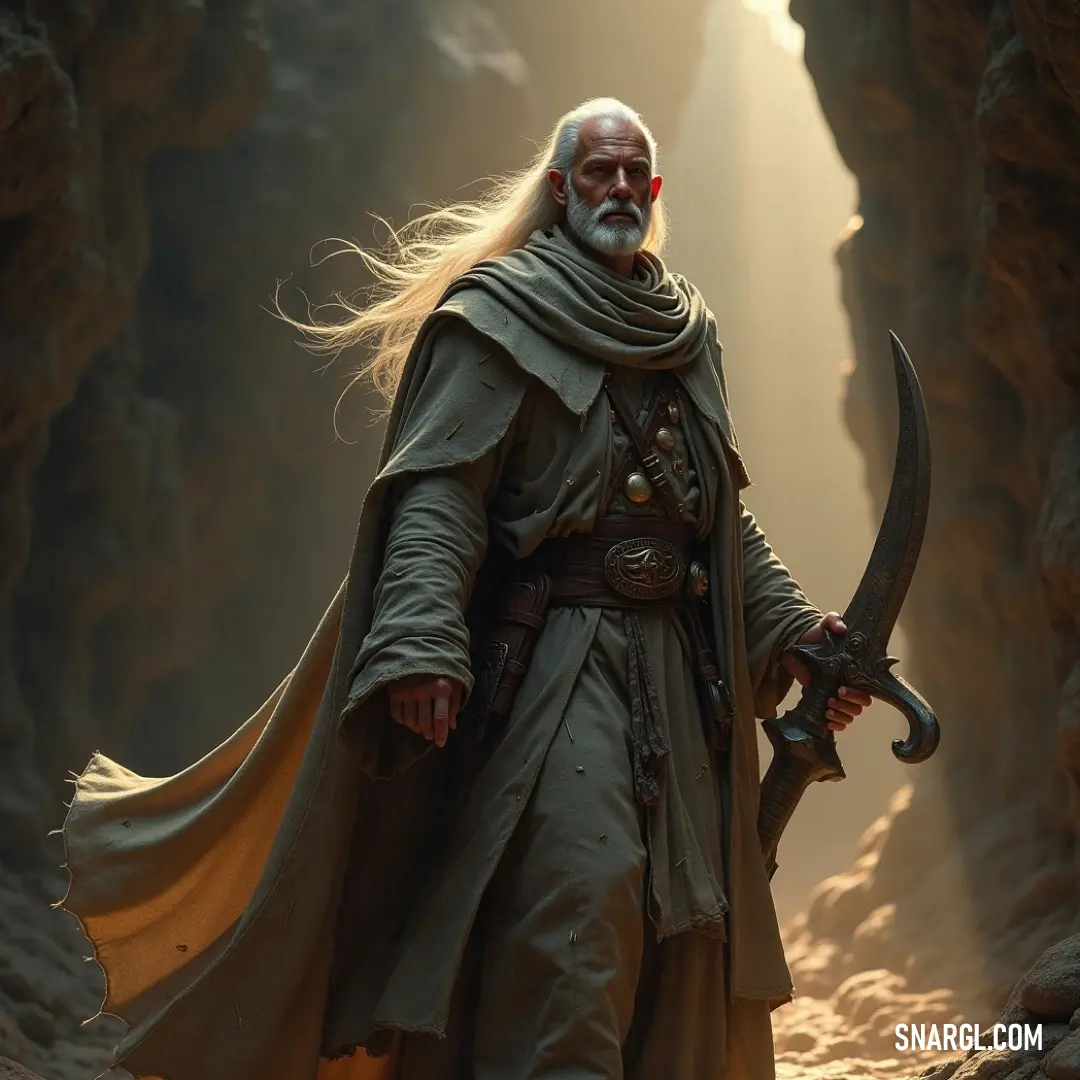 A majestic character wrapped in a flowing cape, boasting a white beard and a sword, stands in a dim cave, exuding ancient wisdom and strength. An adorned figure with a long white beard wears a grand cape, wielding a sword in a cave illuminated by soft light. The essence of ancient wisdom and strength resonates through this majestic presence, inviting awe and respect.