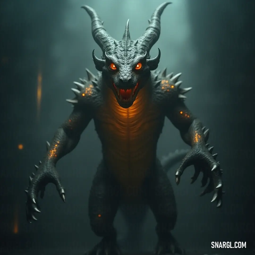 A fierce creature known as the Demonic Ember Beast, with fiery glowing eyes and twisted horns, emerges from a fog-laden room, illuminated by an ethereal light casting an otherworldly atmosphere.
