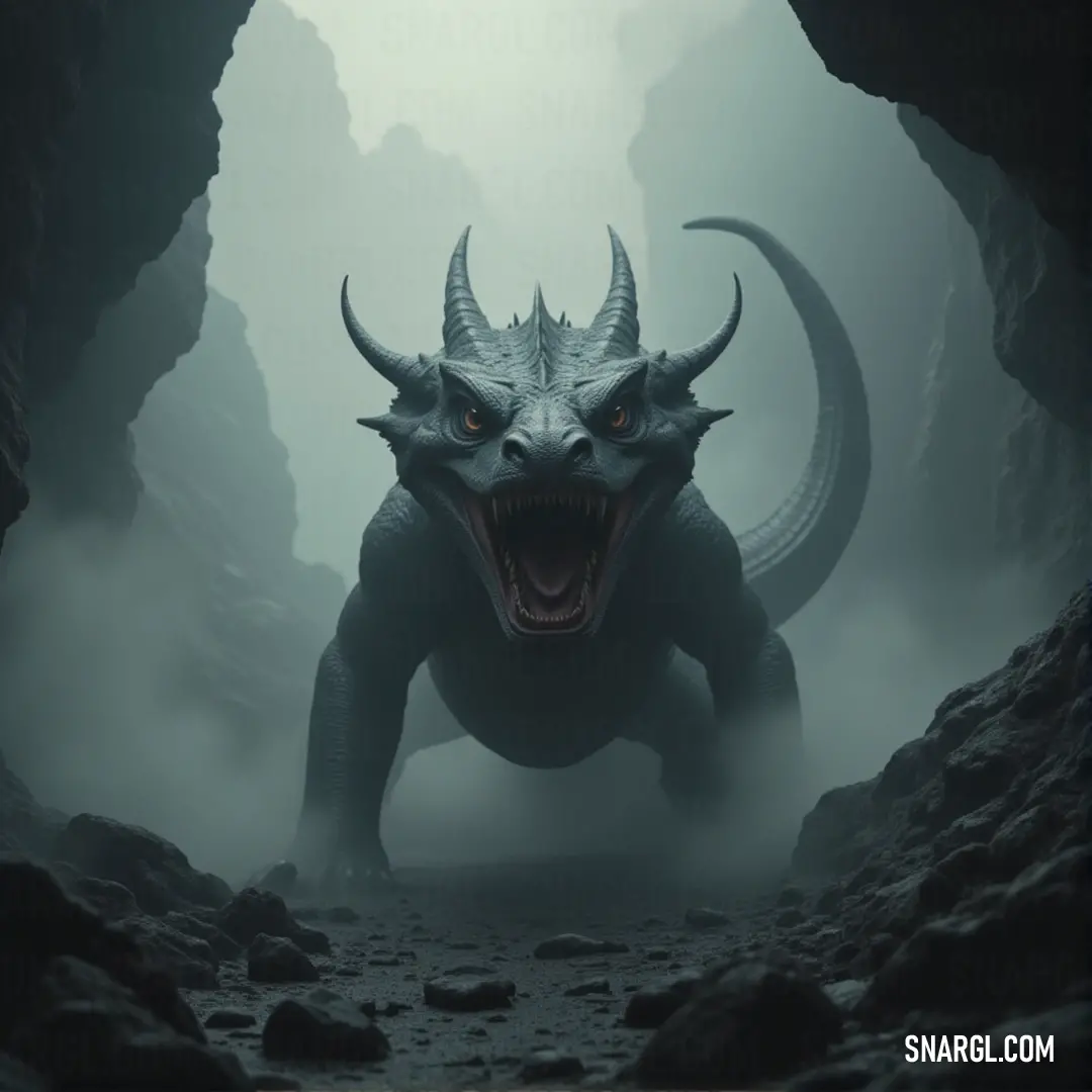A towering Ember Beast with large horns and glowing teeth, standing in a foggy cave surrounded by eerie rocks and a distant light source. A massive Ember Beast with imposing large horns and menacing sharp teeth emerges from a dark, foggy cave. Its fiery body contrasts against the cold, mist-filled rocks, with a mysterious light casting shadows in the distance.