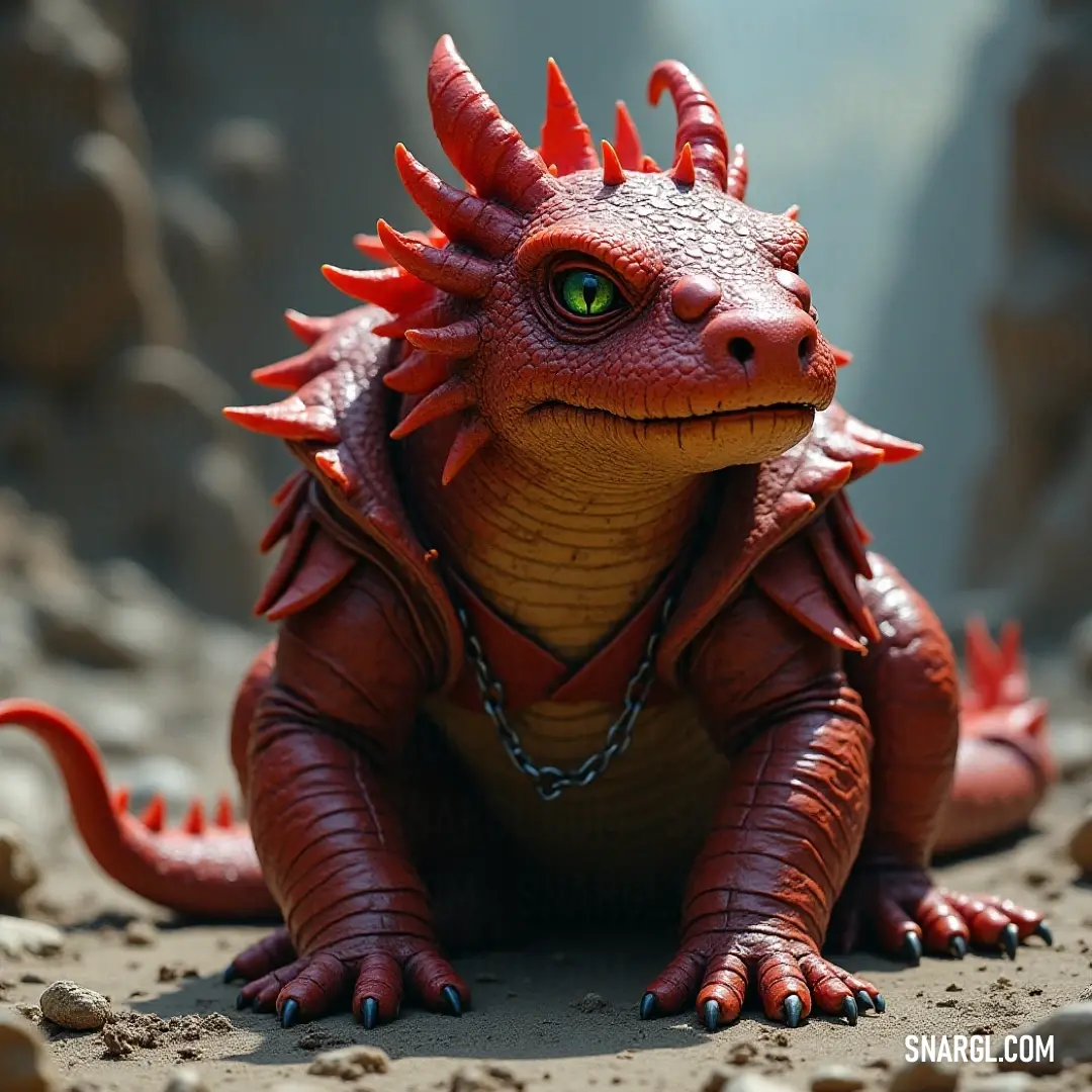 Intrepid Toy Ember Drake poised on a rocky perch with a striking mountain vista behind. The Toy Ember Drake, with a fierce gaze and a stylish chain, stands atop a rugged rock, set against a majestic mountain backdrop that enhances its impressive form.