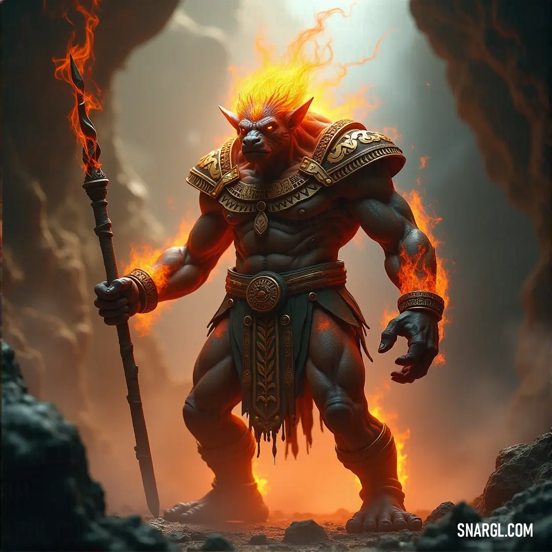 A mystical Ember Golem, wielding a staff, stands against a backdrop of intense flames, embodying both the destructive and commanding forces of fire. A detailed painting of an Ember Golem with a staff, standing amidst roaring flames in the background. The fiery backdrop intensifies the mystical energy of the Golem, making it a powerful figure of both destruction and command.